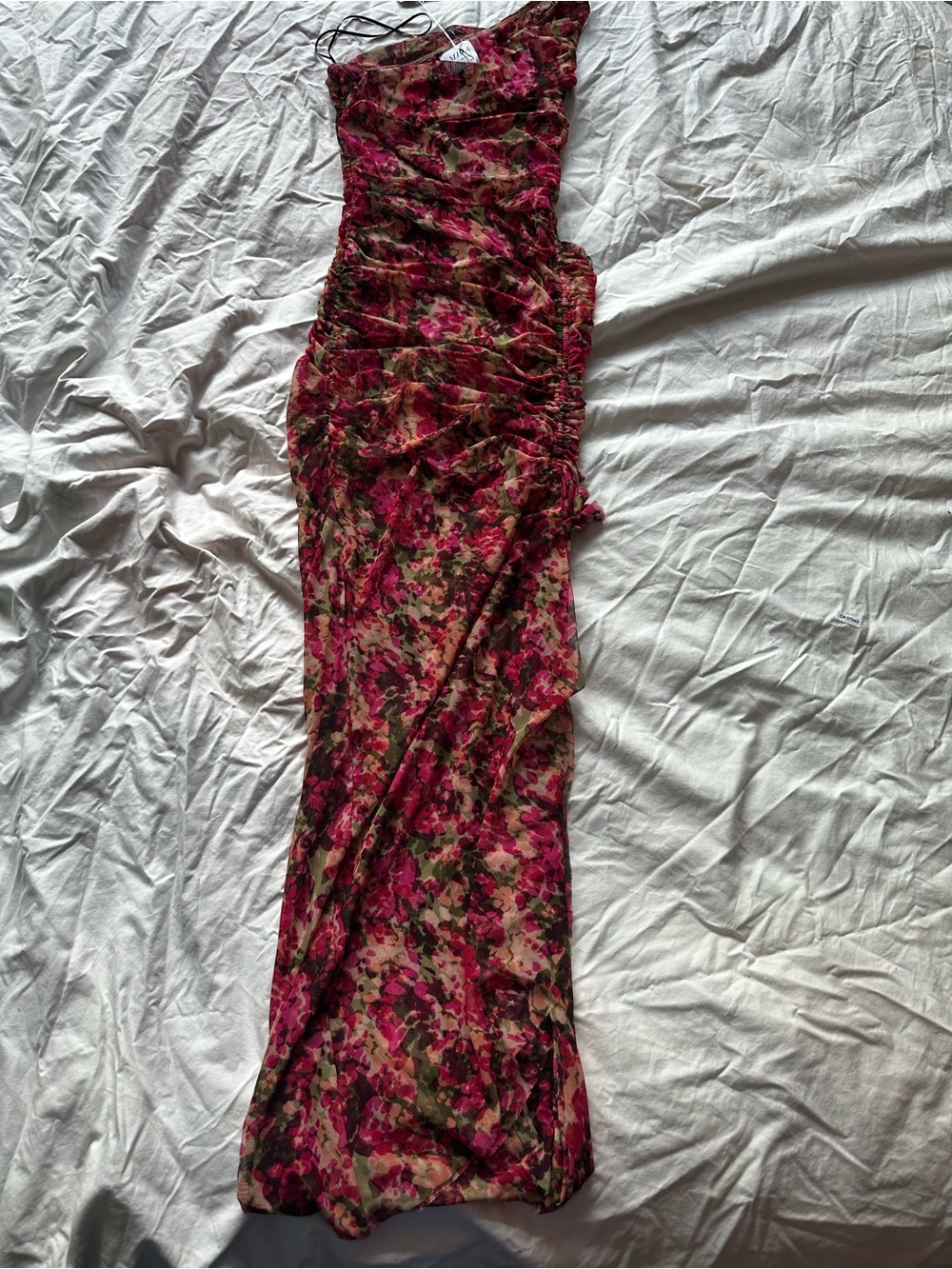MISA Los Angeles Romantic One Shoulder Ruched Maxi Dress Floral Pink XXS - Picture 2 of 13